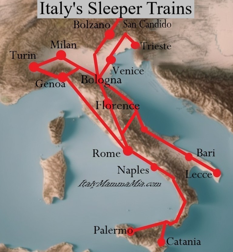 Night sleeper train map of Italy